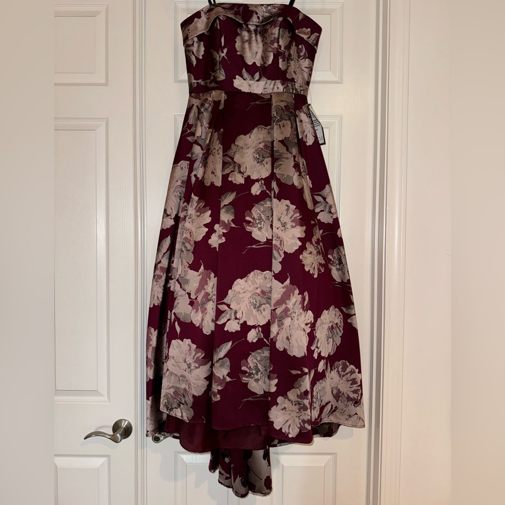 Xscape Strapless Burgundy Floral High-Low Evening Dress